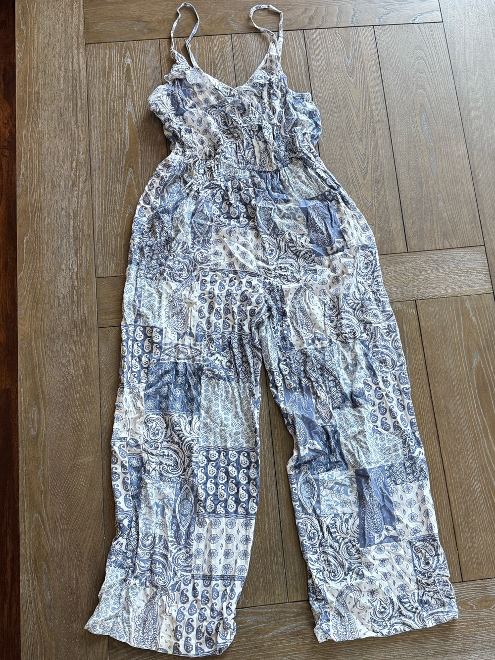 Blue Patchwork Print Wide-Leg Jumpsuit with Spaghetti Straps